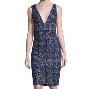 Keepsake The Label Too Soon Lace Blue Nude Plunge Sheath Dress Cocktail Size M